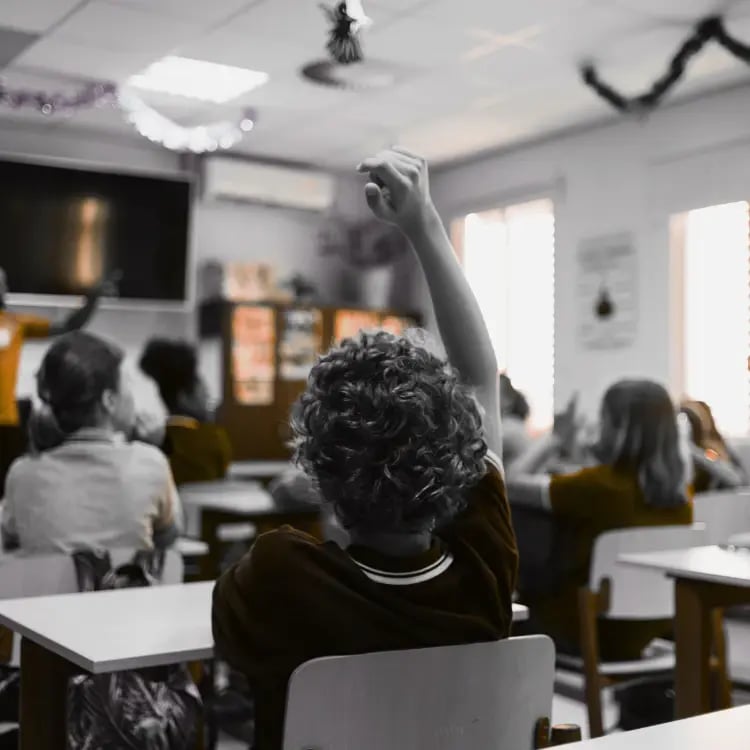 Primary school students with hands raised in class, a large classroom TV visible at the front